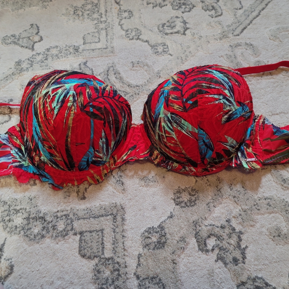 Vibrant Red Tropical Print Bra